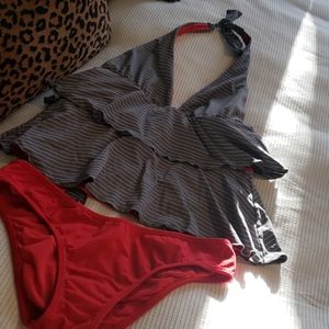 Grey and red two piece bathing suit